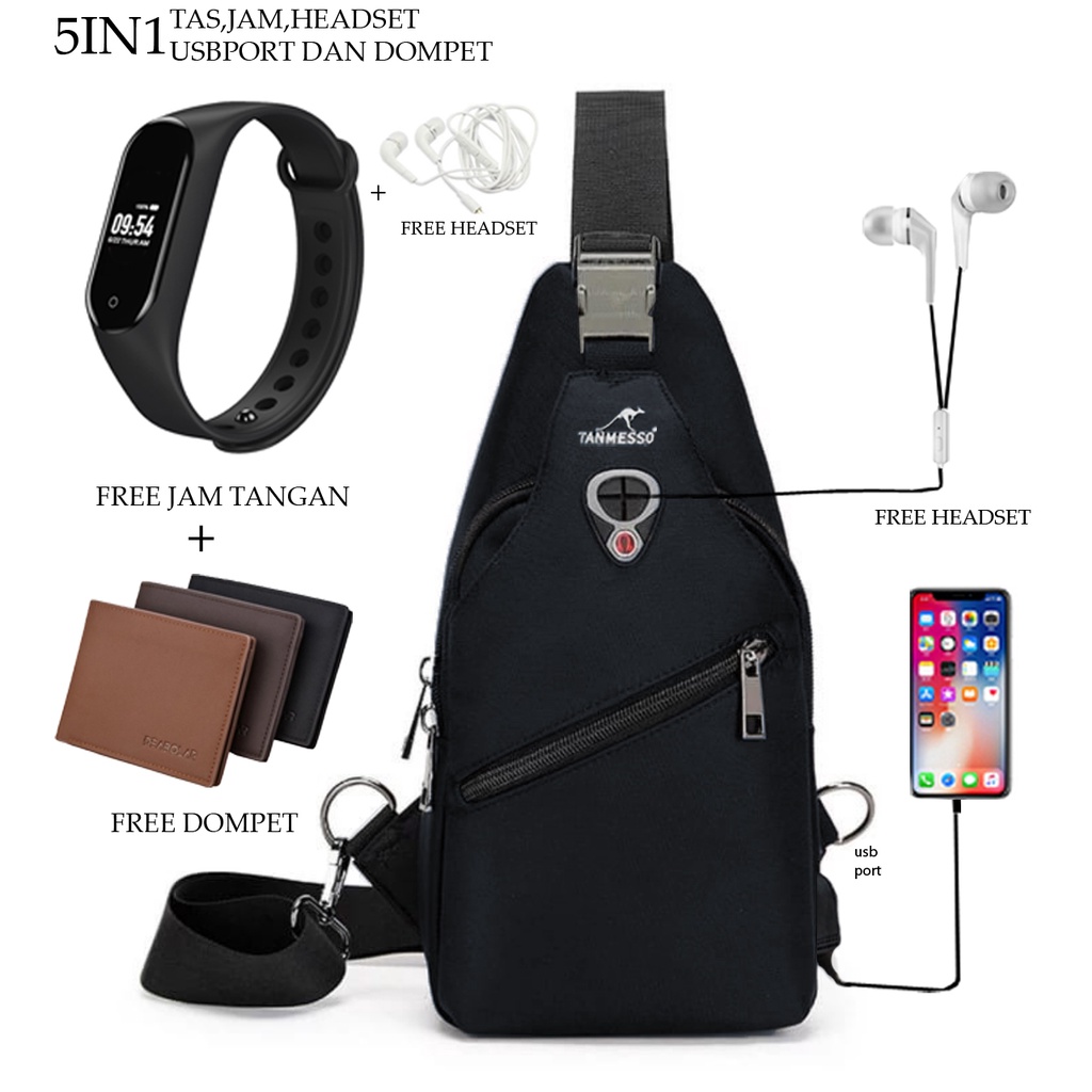 TANMESSO 5IN1 BAYAR DITEMPAT-BONUS JAM LED,DOMPET &amp; USBPORT&amp;HEADSET-tas selempang waterproof