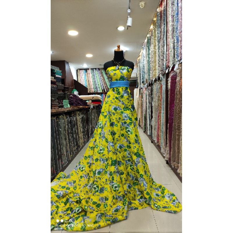 Kain Dress Organza Jacquard Motif Bunga Emboss Kuning