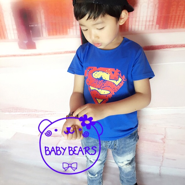 Setelan baju anak laki-laki superman celana jeans pendek