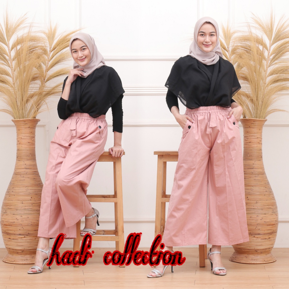 Celana Kulot Linen Rami Highwaist Pinggang Karet Wide Leg Cullote