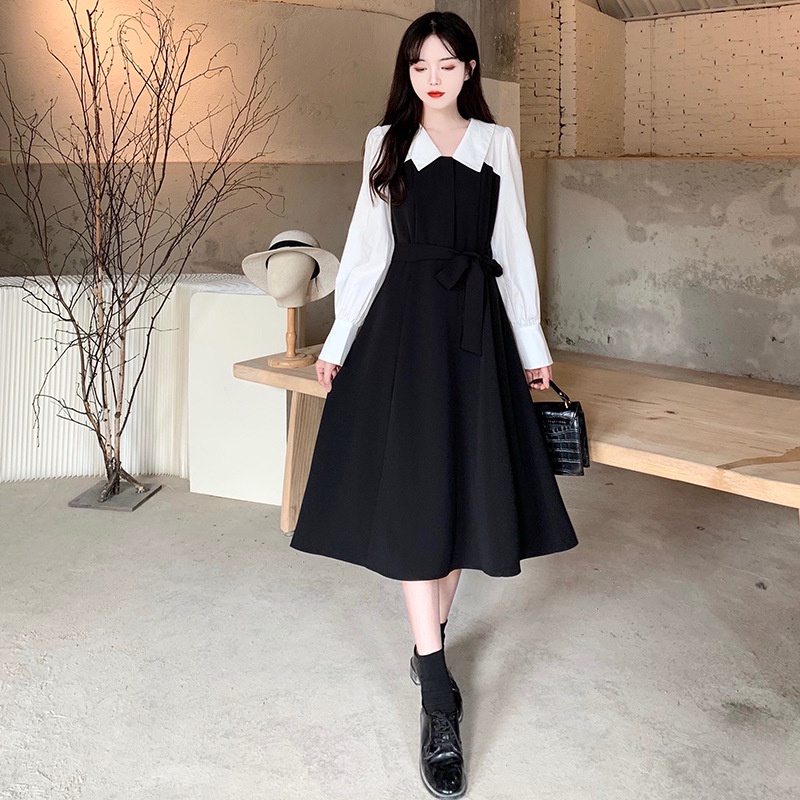 [littlecrab] Dress Wanita Putih Hitam Moka Kemeja Dress Kerja Lengan Panjang Dress Simple Elegan Korean Style