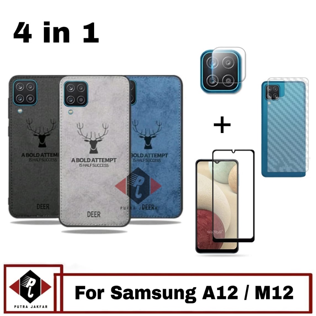 Paket 4in1 Case Deer Samsung A12 / M12 Anti Gores Layar Free Camera &amp; Garskin