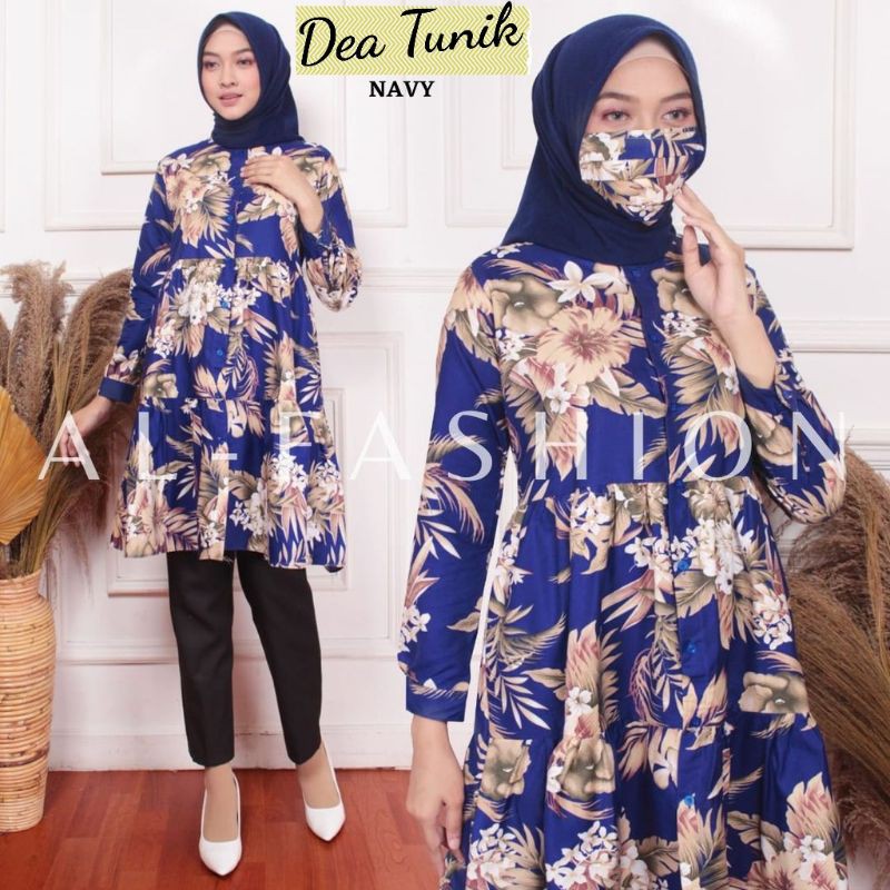 Dea -Tunik Baju Atasan Muslim Wanita Katun Apple Premium - Tunik Motif Bunga Hitam Biru Navy Mustard