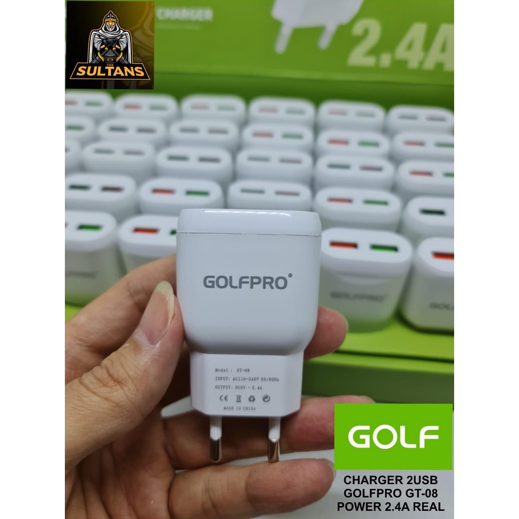 TRAVEL ADAPTOR BATOK CHARGER FLECO GOLF GT08 2USB 2.4A PERKOTAK ISI 30 PCS ORIGINAL GARANSI 1 TAHUN