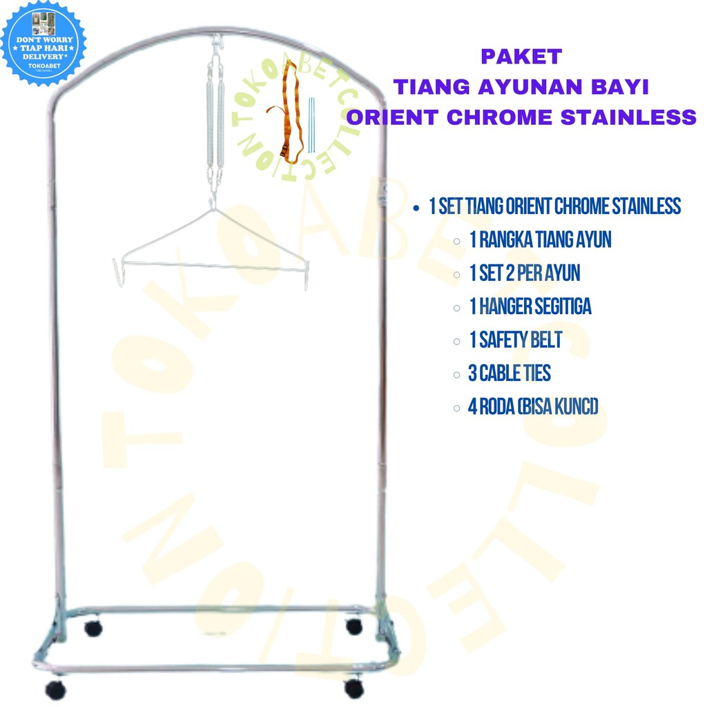 Ayunan Bayi PAKET MANUAL ORIENT Chrome Stainless Lengkap Tiang Hanger Segitiga Per Safety Belt Roda dengan Kain Kelambu Alas Kasur KARAKTER TOKOABET