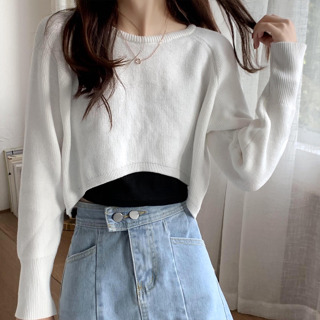 korean sweater crop/croped fashion rajut/atasan kekinian/kemeja rajut lengan panjang