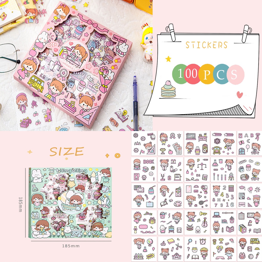 100 Pcs / Set Stiker Motif Kartun Karakter Lucu Tahan Air Non repeating Untuk Alat Tulis Siswa Perempuan