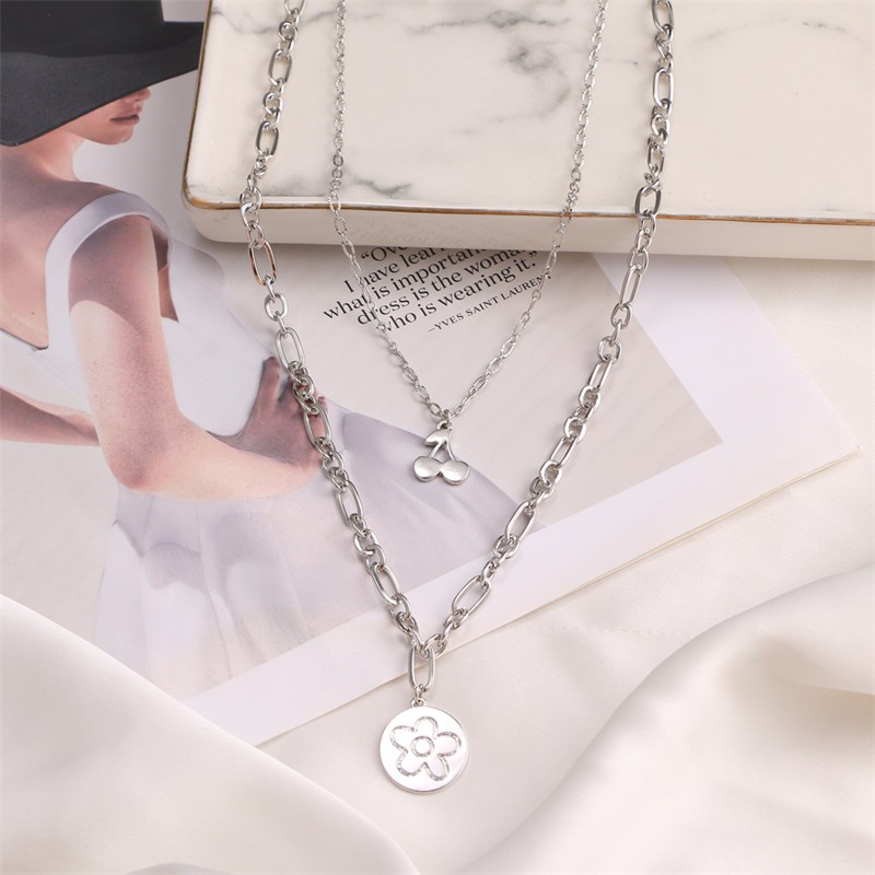 Korean Flower Cherry Double Necklace Necklace Hip Hop Fashion Simple Clavicle Chain For women