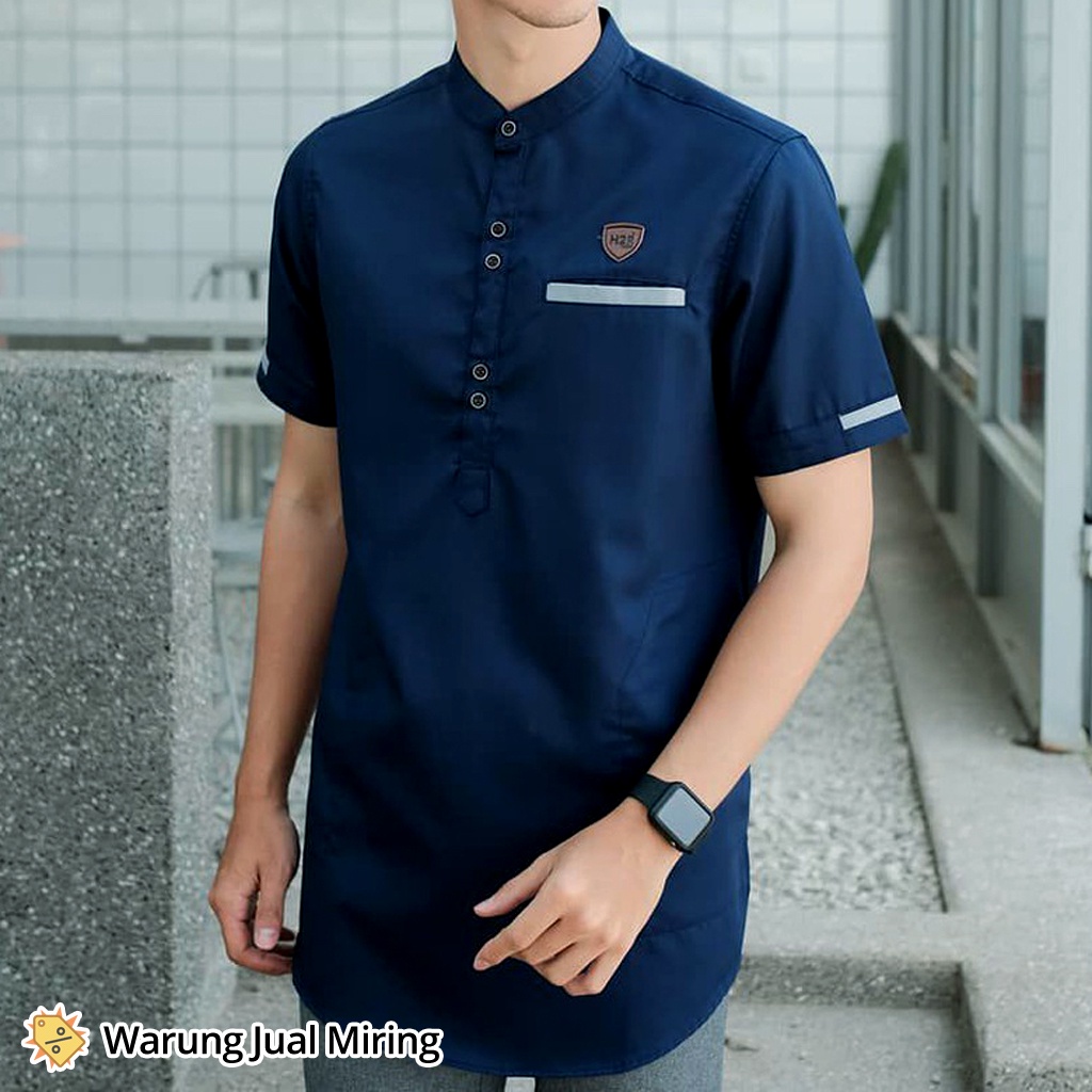 Baju Koko Kurta Lengan Pendek Dewasa Pria Laki Cowok Muslim Pakistan Tangan Santai Untuk Sarung Peci Kokoh Qurta Adem Lembut Katun Toyobo Santri Kemeja Kerah Hitam Putih Biru Donker Coklat Merah Casual Kasual Formal Murah-Kurta Biru Dongker