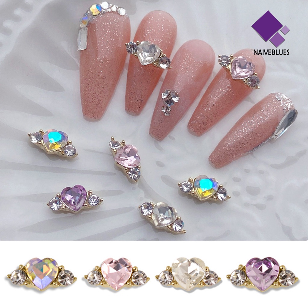 Naiveblue &gt; 10Pcs / Set Ornamen Hati Aksen Berlian Imitasi Bahan Alloy Untuk Aksesoris Nail Art / Manicure DIY