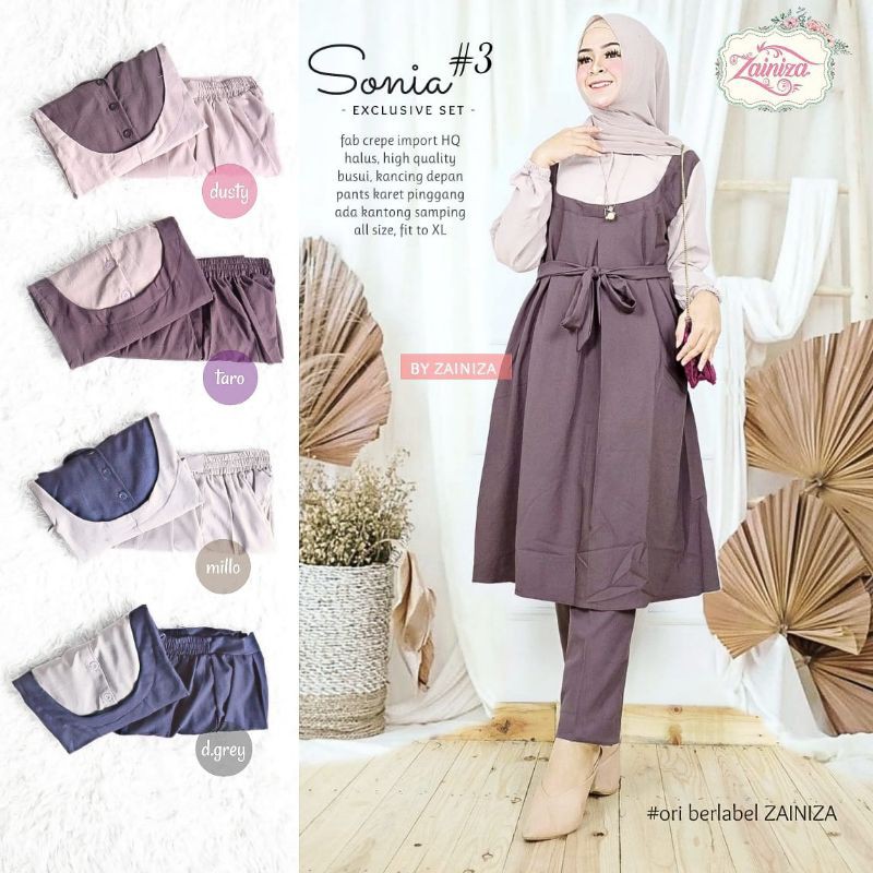Sonia Exclusive Set Bahan Crepe Import Ori Zainiza / Setelan Polos Tunik & Celana Elegant & Modis