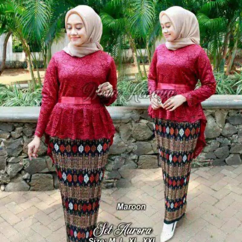 Kebaya Brukat Penguin Setelan Kebaya Brukat Aurora Mix Rok Plisket
