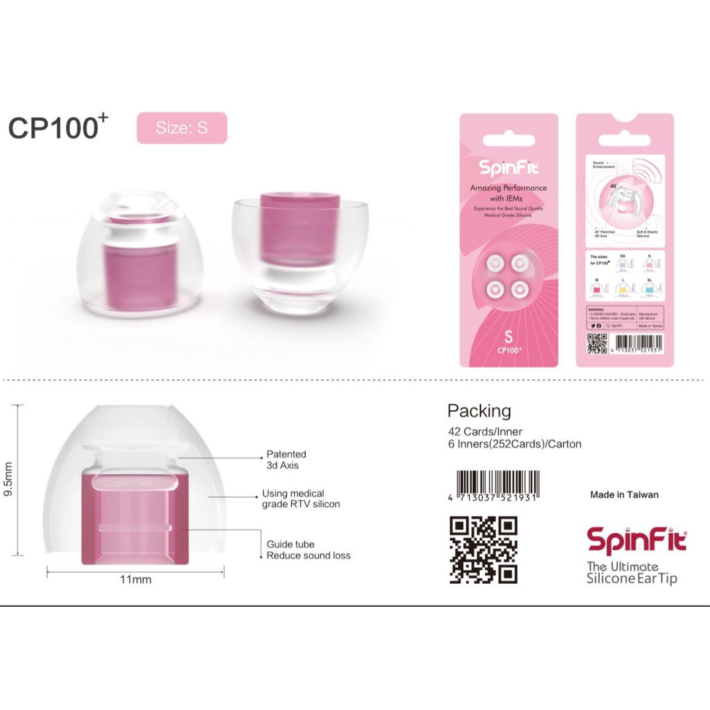 Spinfit Eartips Earpiece CP100+ / CP100 Plus - Medical Grade RTV Material - Size SS, S, M, L, XL
