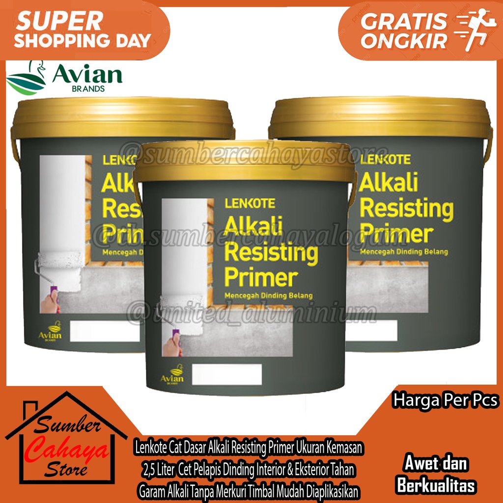 Lenkote Cat Dasar Alkali Resisting Primer Ukuran Kemasan  2,5 Liter L Ltr Avian Brands  Cet Pelapis 