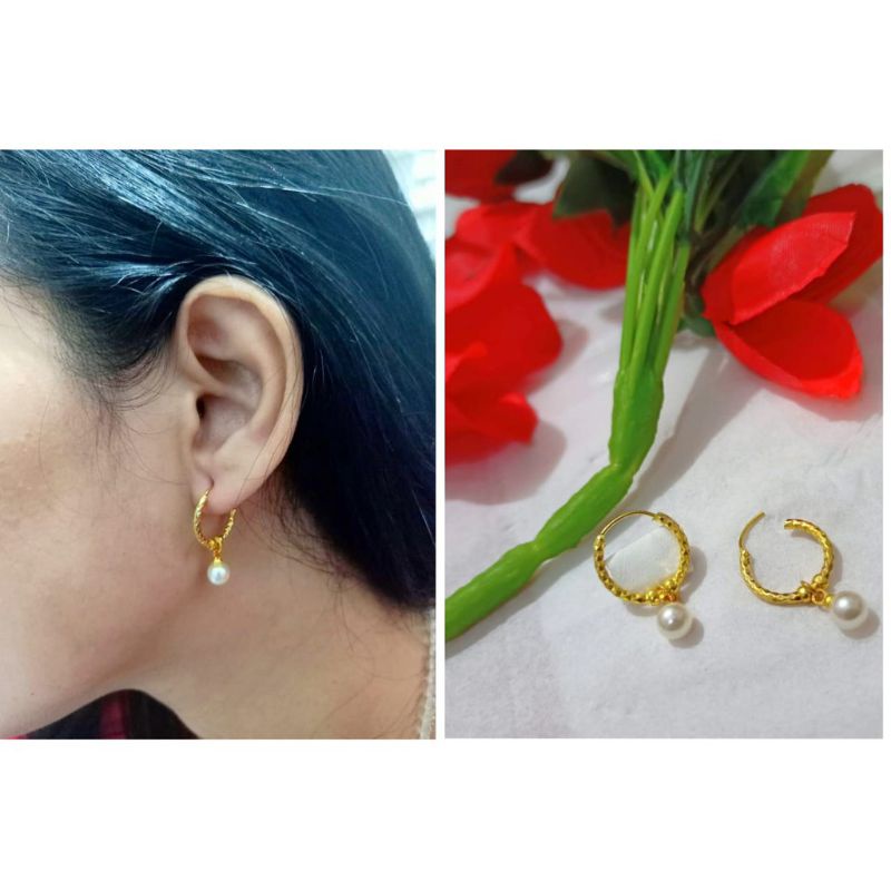 Anting Bulat Gipsi Mutiara Air Lapis Emas