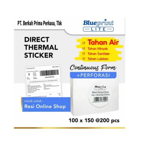 Direct Thermal Sticker barcode Label resi blueprint Lite 100x150 mm 1 line 200pcs CF fanfold continuous form perforasi Gap 3mm