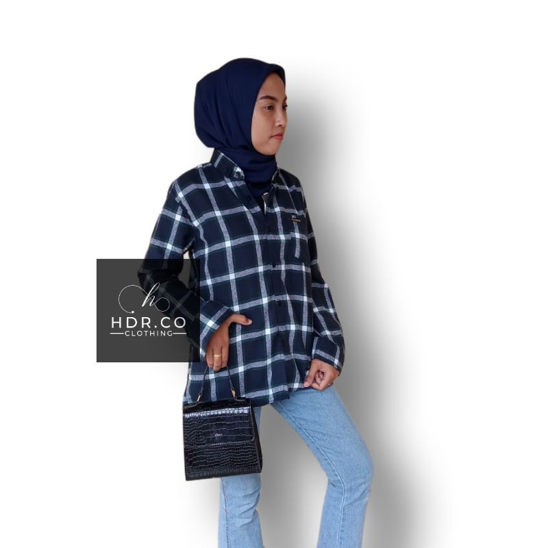 HDR.CO Kemeja Flanel Wanita Oversize distro Lengan Panjang  Kotak Kotak cewek jumbo