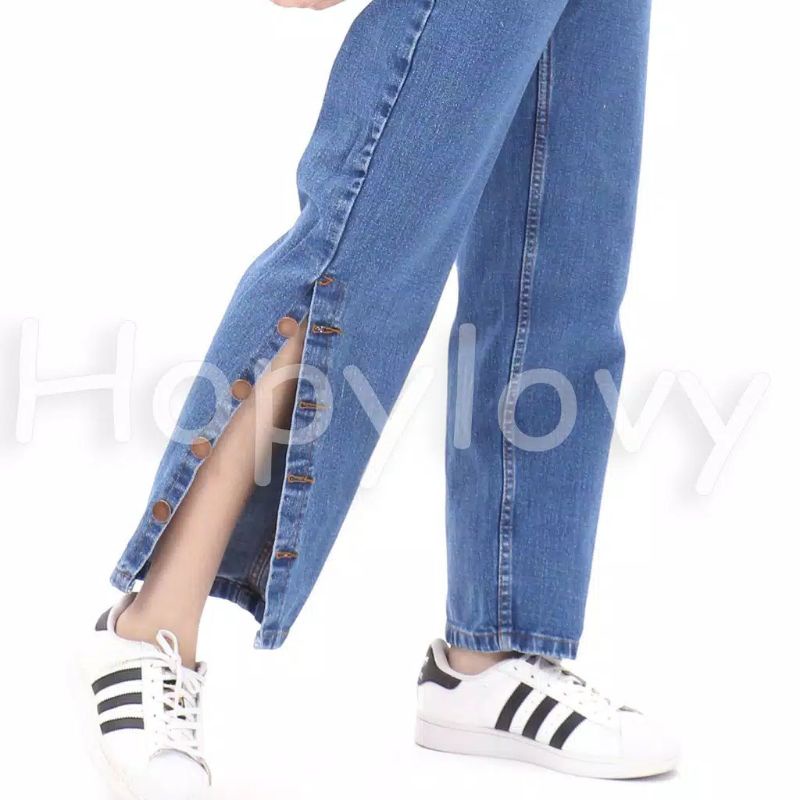 Boyfriend Jeans Wanita Denim Kancing Kaki