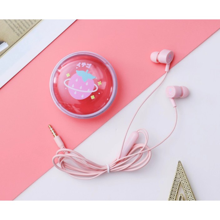 [XY-38] Set Headset Earphone Motif BUAH-BUAHAN Lucu / Wadah Earphone Transparan Bulat Kartun Fruits