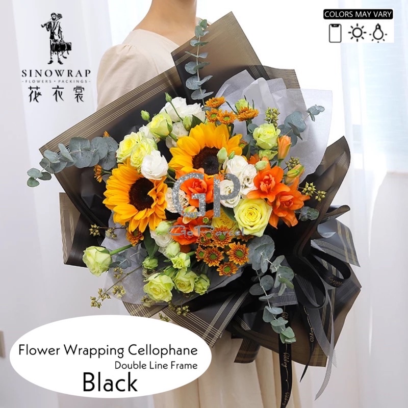 ( 5 Lembar ) DOUBLE LINE FRAME - FLOWER WRAPPING TUNE COLOR / KOREAN CELLOPHANE GARIS EMAS / KERTAS BUNGA BUKET BOUQUET - GOLD EDGE