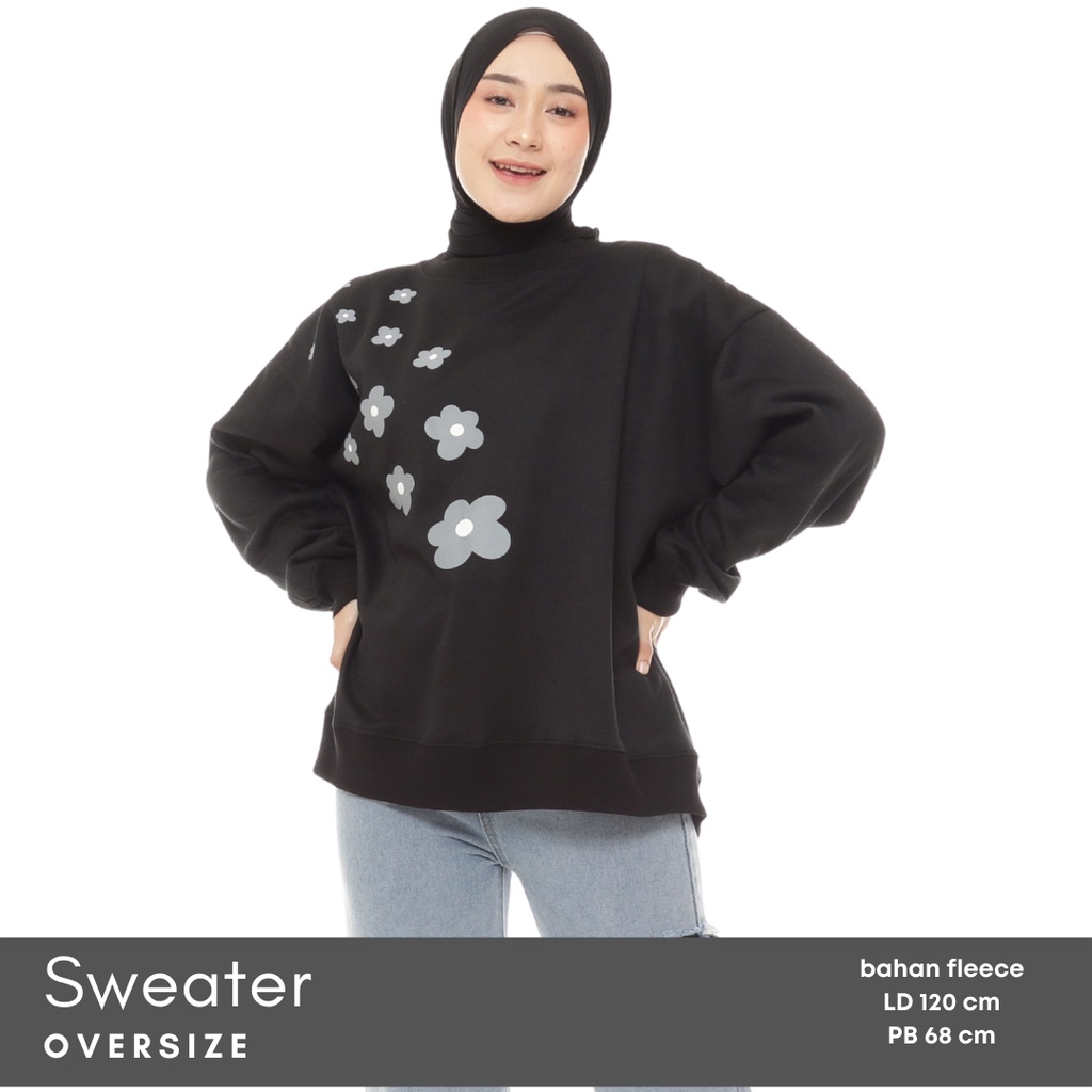 Biiu Sweater Flower Black Crewneck Oversize