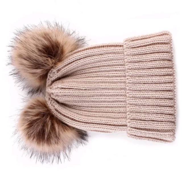 Winter Knitted Pompom Fur Beanie Hat Topi Kupluk Rajut Adult / Kids