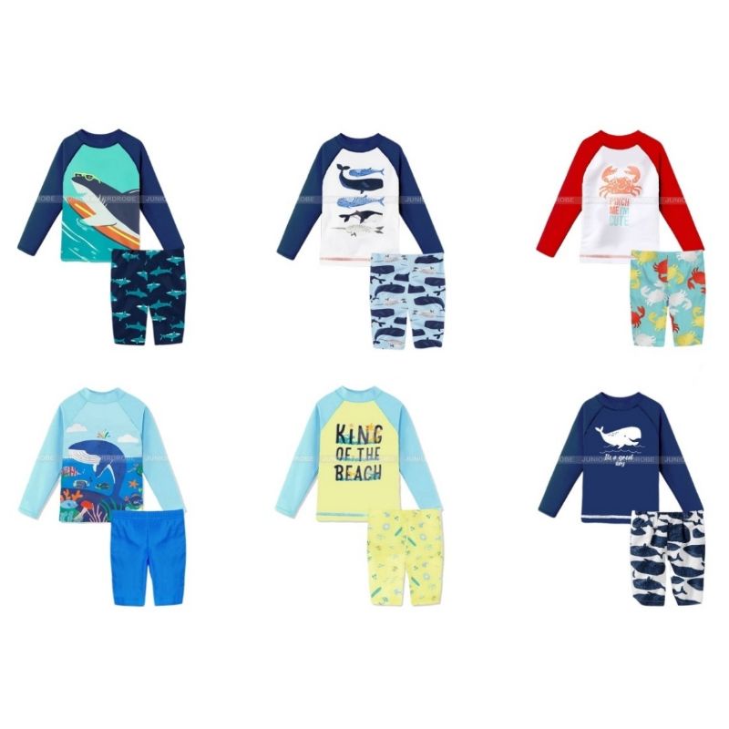 Baju Renang Anak Cowok Laki JW293 JW306 KIDS Boy Stelan Berenang Setelan Swimsuit Set Lengan Tangan Panjang Celana Pendek 2 3 4 5 6 7 Tahun Balita Batita TK SD Motif Shark Whale