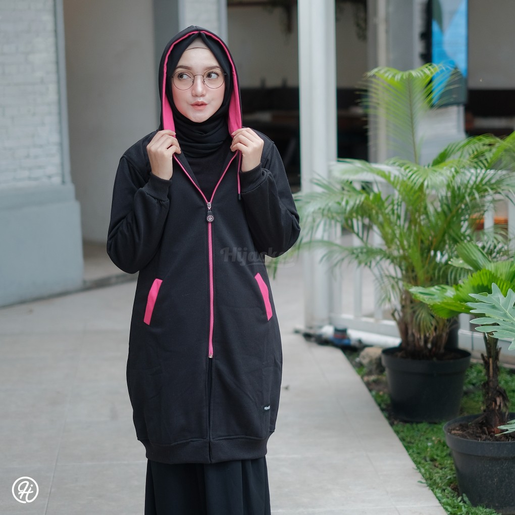 Jaket Jacket Panjang Wanita Cewek Hoodie Polos Hijabers Kekinian Hijacket Basic Fleece Terbaru-Hitam + Pink