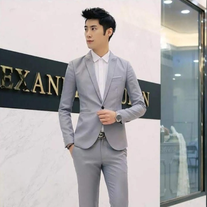 SETELAN BLAZER COWOK FORMAL KEREN 3IN1 - MILKY SOFT GREY ORIGINAL NIKAYU SLIMFIT HIGH TWIST