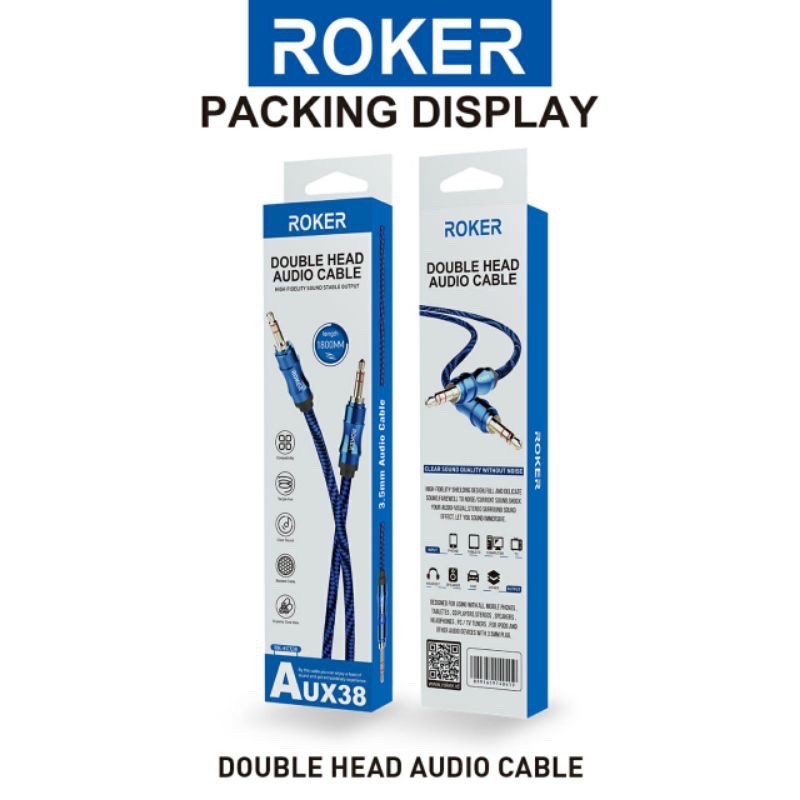 Kabel Aux Roker AUX38 1800MM Double Head Audio Cable Aux Mobil 1.8M Original Roker