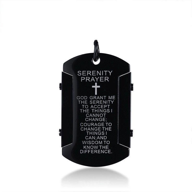 Retro Black Wisdom Serenity Prayer Steel Dog Tag Necklace Pendant for Men Christian Jewelry With