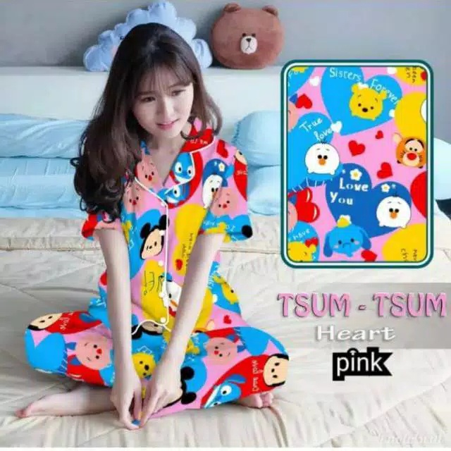 LFF Baju Tidur Wanita Piyama CP Motif Karakter-tsum2 pink