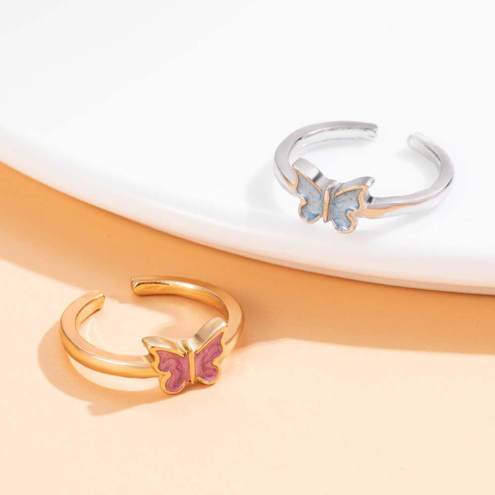 Agustina Kupu-Kupu Cincin Alloy Adjustable Pink Biru Aksesoris Fashion Warna Emas Sliver Color Women Rings