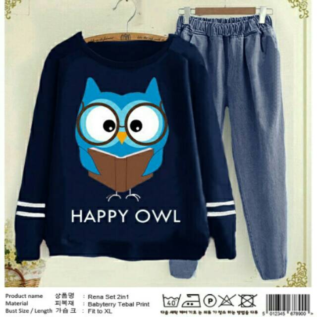 13 Set happy owl 65.000 1PCS ATASAN BAHAN BABYTERRY TEBAL PRINT + 1PCS CELANA DENIM JOGGER