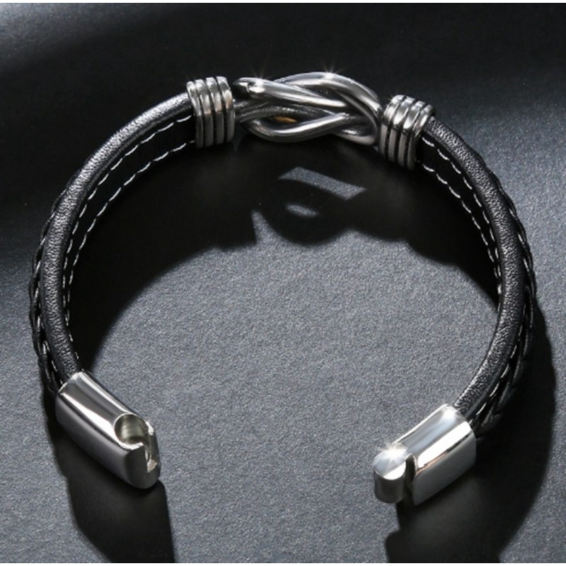 Men Bracelet Black Leather Stainless Steel Charm Magnet Buckle Bracelets Man Cross Knot Punk Jewelry