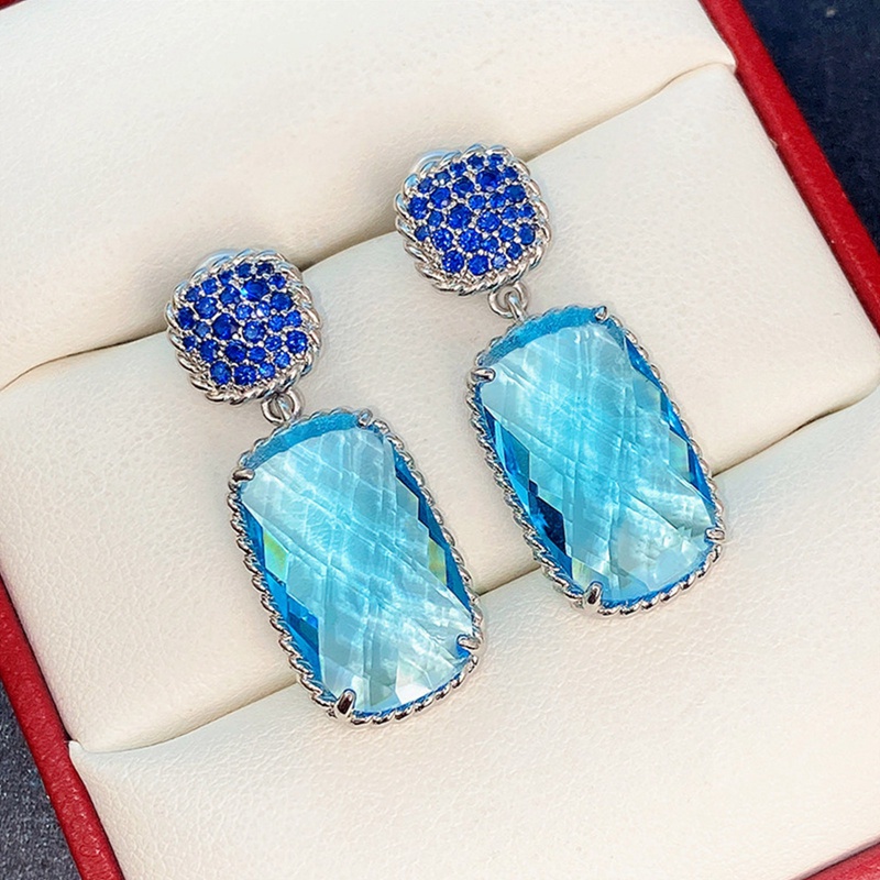 Anting Juntai Bentuk Geometris Unik Bahan Cubic Zirconia Warna Biru Untuk Wanita