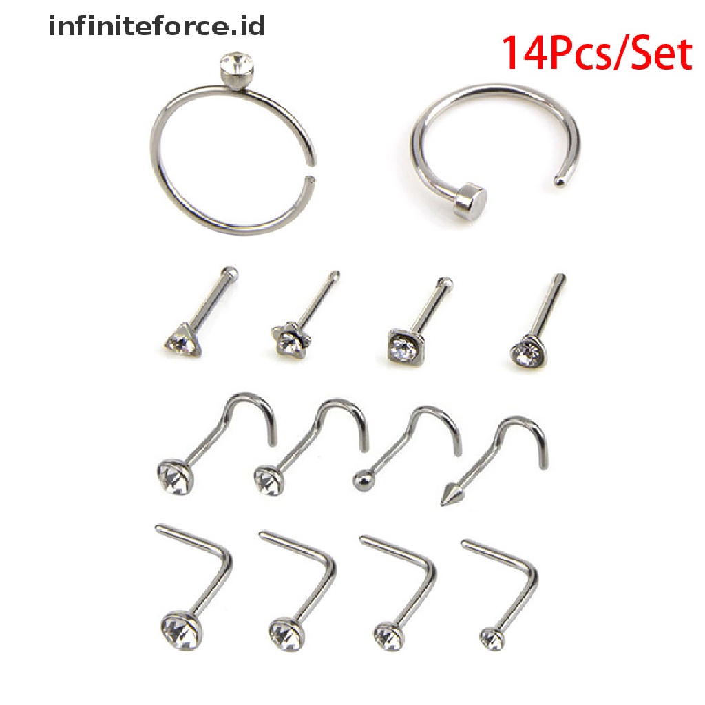 14pcs / Set Cincin Tindik Tubuh / Hidung Bahan Baja Hias Kristal