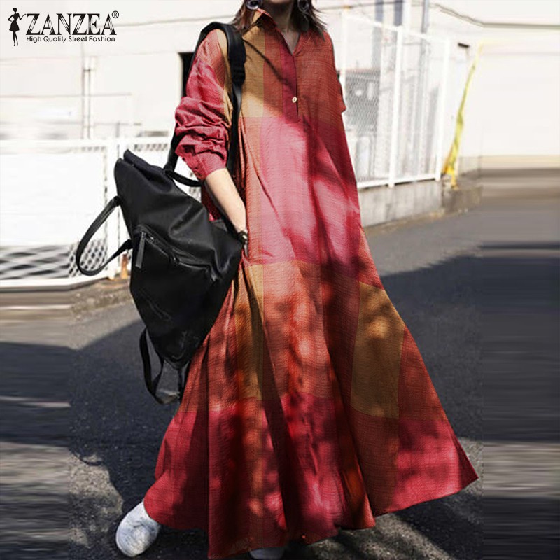 ZANZEA Women Casual Long Sleeve Plaid Turn-Down-Collar Long Dress