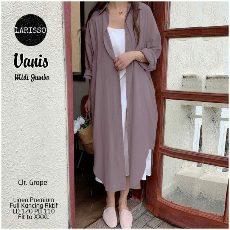 Vanis midi dress katun linen jumbo xxl ld 120 full kancing
