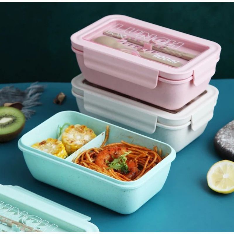 Kotak Bekal Makan LUNCH BOX Jerami Gandum 1100ml // Lunch Box Tempat Makan 4in1 FREE Sendok Sumpit