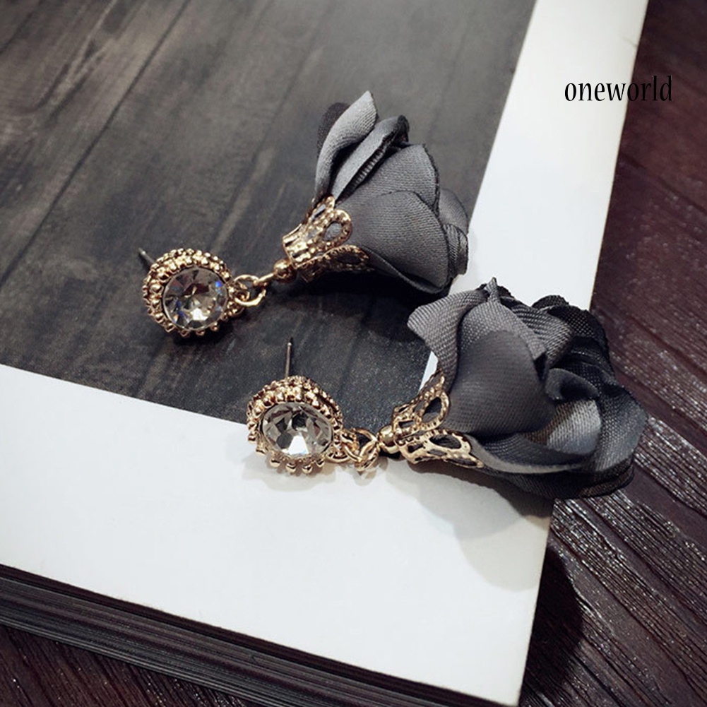 OW# Fashion Women Rhinestone Inlay Flower Dangle Drop Ear Stud Earrings Jewelry Gift