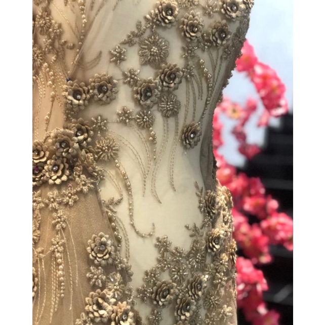 TILE TERBARU TILE PAYET SWAROSKI MUTIARA BUNGA 3D WARNA SOFT GOLD TUA BAHAN KEBAYA NIKAH
