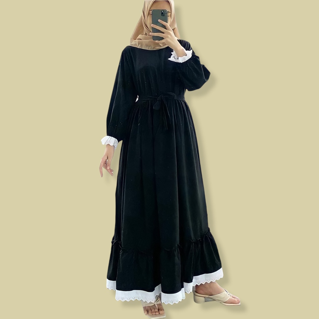 Baju Gamis Dress Lebaran Hitam Wanita Remaja Jumbo Ld 120 130 140 Terbaru Kekinian RELINA-Black
