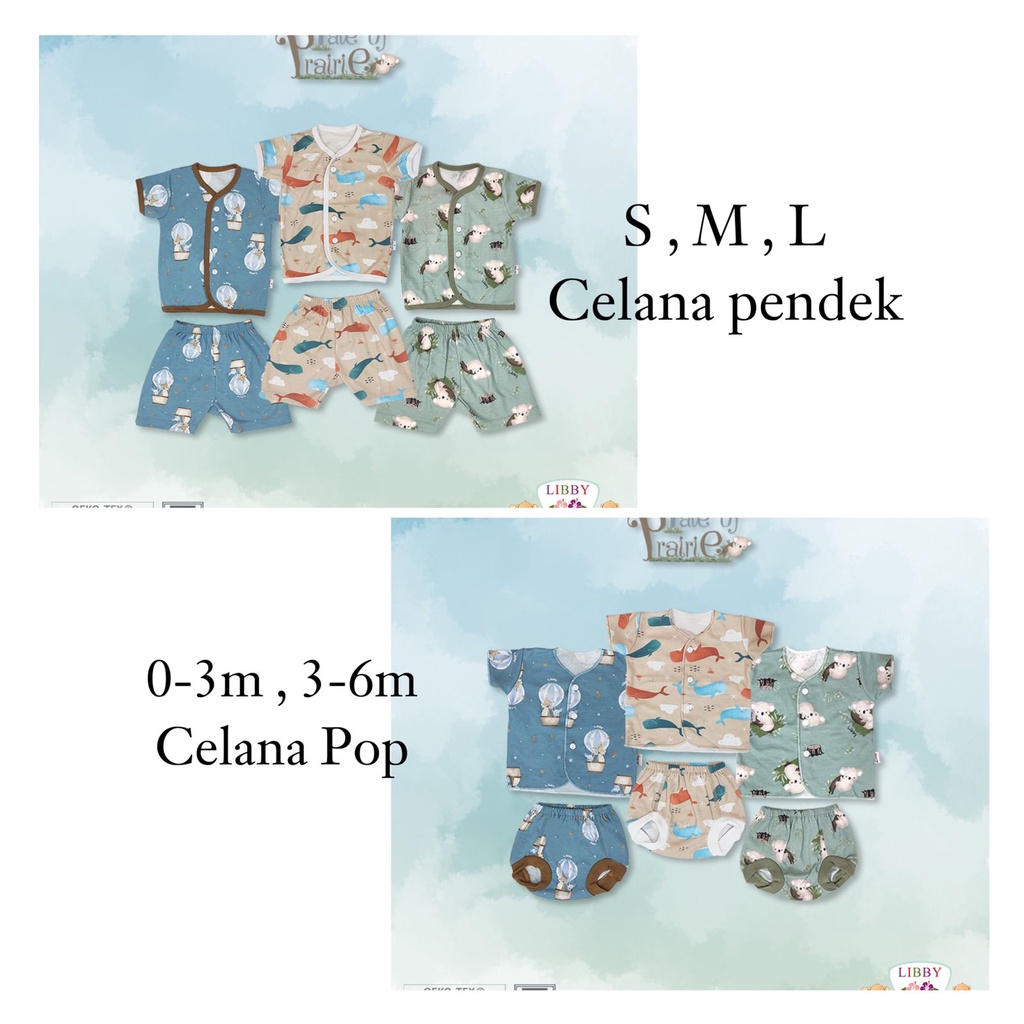 Libby Stelan Baju Kancing Depan Pendek + Celana Pendek 0-3m 3-6m SML