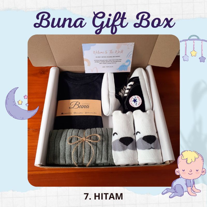 Buna Giftbox / Hampers Bayi / Kado Bayi / Parcel Bayi / Kado Bayi Laki Laki / Kado Bayi Perempuan / Parsel Bayi / Baby gift / Baby Gift Set / Gift Box / Hampers Newborn / Elmer Living-7. HITAM