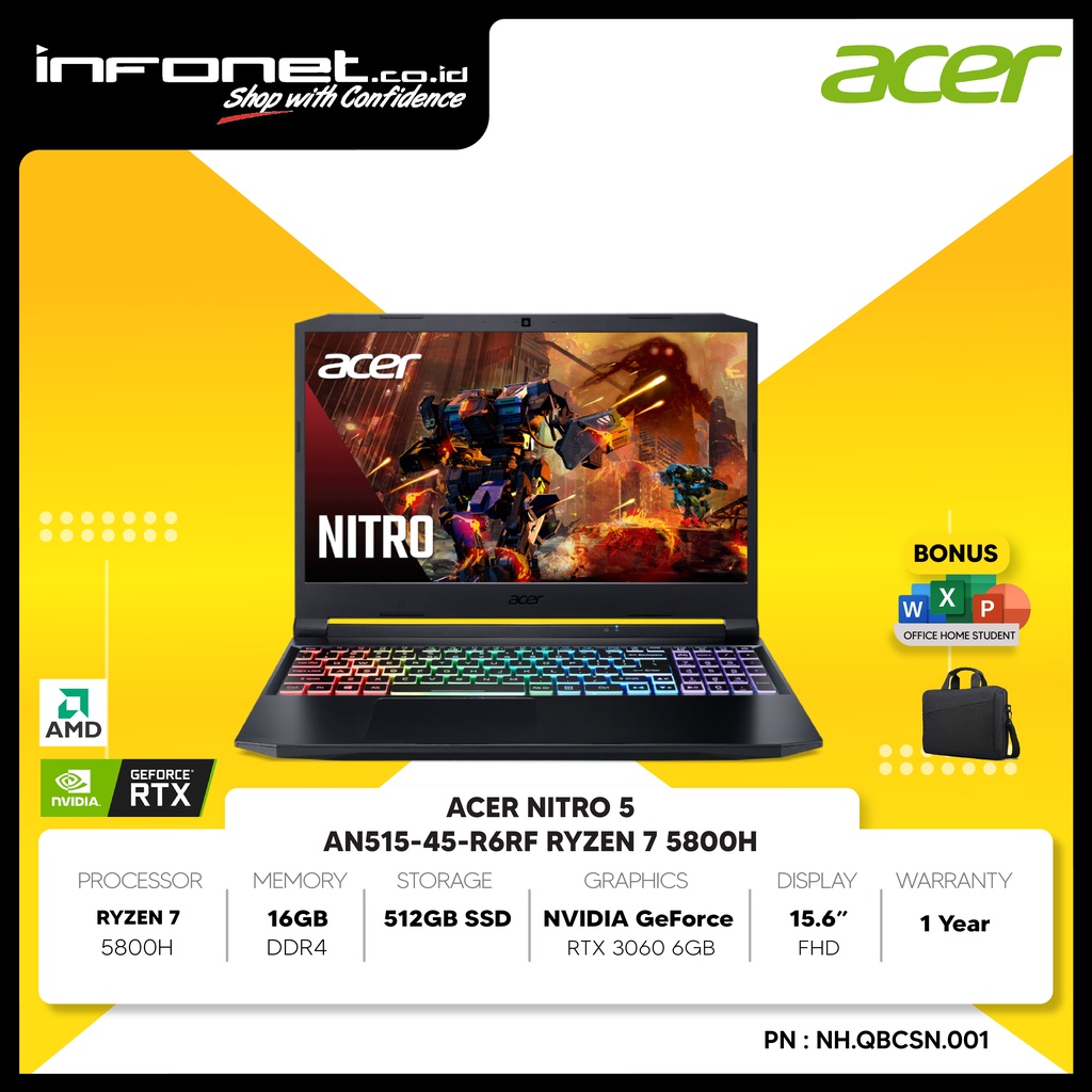 ACER NITRO 5 AN515-45-R6RF RYZEN 7 5800H 16GB 512GB SSD NVIDIA RTX3060 6GB 15.6" FHD W10 OHS
