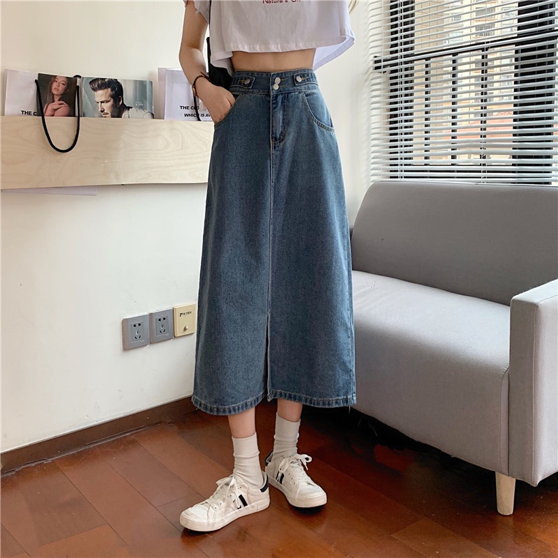 Korean Style Rok Pendek Jeans Wanita /Denim Pinggang Tinggi Rok Panjang