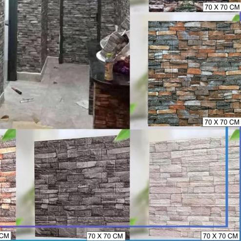 ♢ wallpaper dinding 3D foam motif batu alam kuning retro 70x77 cm tebal - kuning retro ♠