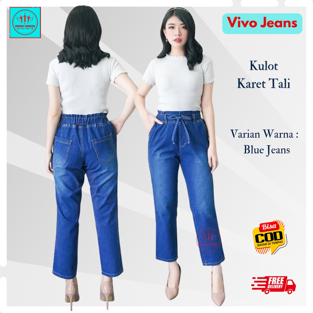 Vivo celana panjang jeans kulot wanita model kulot tali full pinggang  karet jeans  remaja/dewasa bl