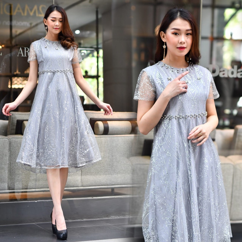 Dress Tulle Tangan Pendek / Midi Dress Edisi Natal / Aneka Pilihan Warna